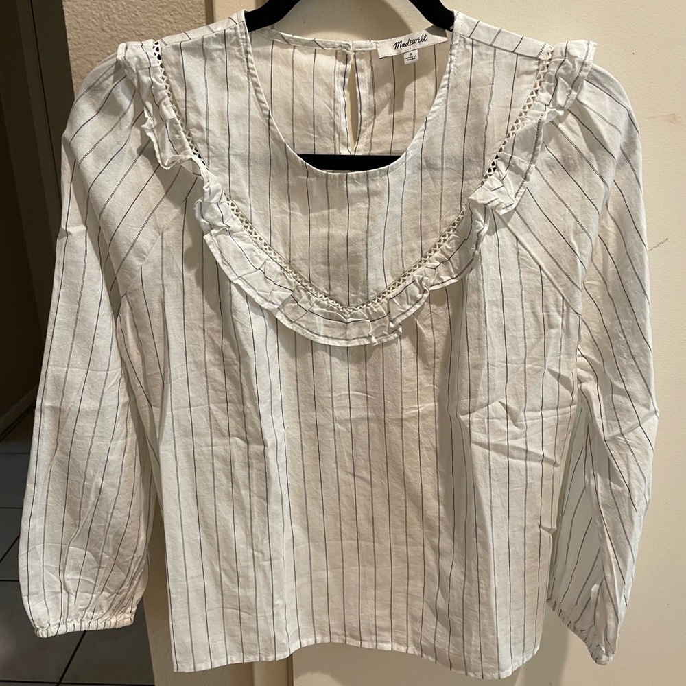 Madewell Ruffle-Yoke Prairie Top in Pinstripe, size small